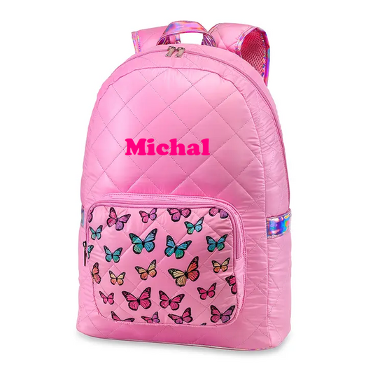 Pink Diamond Stitch Puffer Backpack Butterfly Pocket