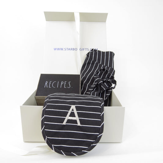 Shop the Kitchen Master Gift Box that includes monogrammed aprons, mitts, and recipe box from Starbox Gifts.